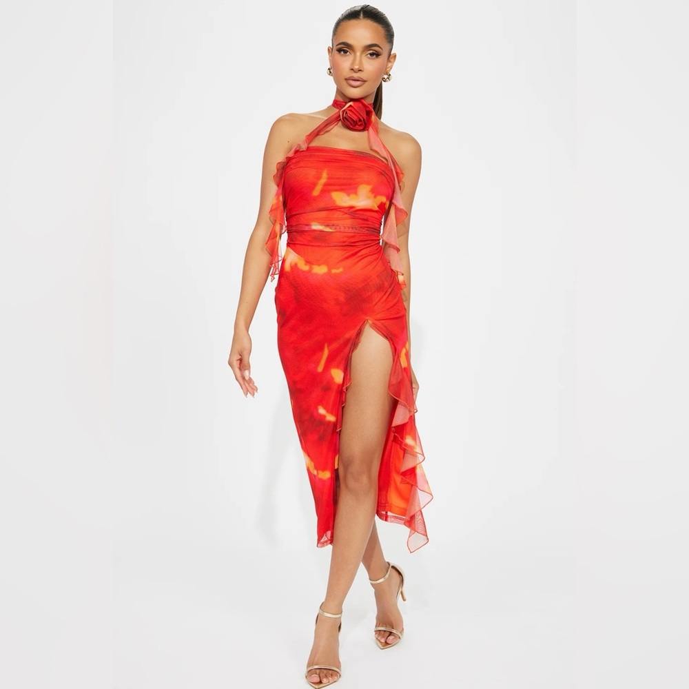 Vibrant Red Halter Dress with Slit